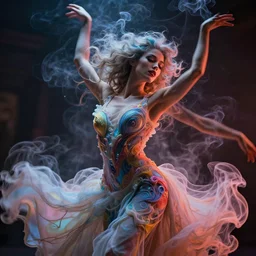 the most amazing dream you ever had about a beautiful woman wearing a dress made out of smoke dancing, closeup, hyper realistic, ambient lighting, concept art, intricate, hyper detailed, smooth, syd mead, craig mullins, gustave dore, beeple, lisa frank, vibrant, high contrast, volumetric lighting, octane