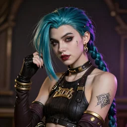 a portrait of Jinx from League of Legends, a ill mannered beauty, dark fantasy, intricate, elegant, dramatic lighting, emotionally evoking, highly detail, by Annie Leibovitz