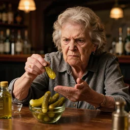 an angry granny who got the wrong order of pickles. dimly lit bar background. editorial photography