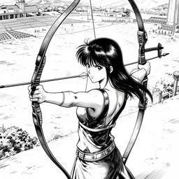 A beautiful female archer overlooking a grand battlefield, pulling an arrow in style of berserker by Kentaro Miura, manga, black ink, zoomed out view, high angle