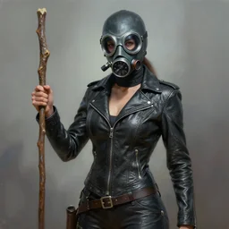 painting of female wearing a skintight leather jacket and a plague doctor mask holding a stick, full view, popular on artstation, artstationhd, artstationhq 8 k, volumetric lighting, super focused, no blur, trending on artstation, artstationhd, artstationhq, ultra detailed, by artgerm and james gurney, greg rutkowski,