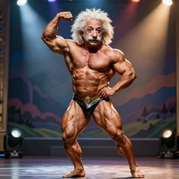 colorful hyper realistic photograph of muscular muscular Albert Einstein posing in a bodybuilding competition
