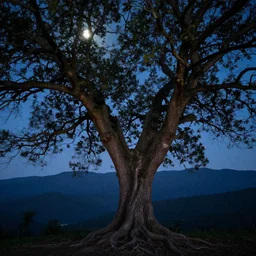 The tree has many twisted branches around it's trunk and base, with mountains in the background and a full moon above them at night