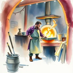 small centered on watercolor paper, paint brush strokes, abstract watercolor painting of medieval glassblower with apron, kiln, glow fire, cinematic light, national romanticism by hans dahl, by jesper ejsing, by anders zorn, by greg rutkowski, by greg manchess, by tyler edlin