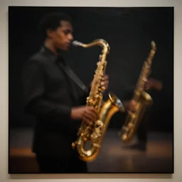 visual representation of be - bop jazz music, dark colors, blurry, highly abstract, unreal, insightful, philosophical, jazz instruments, moma museum,