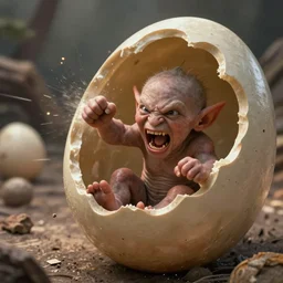 a goblin newborn angrily punching his way out of a giant egg, action shot, fantasy art, highly detailed, very realistic, rpg illustration, artstation, by larry elmore, by greg retkowski, by chris achilleos
