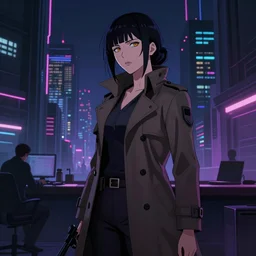 a high definition cinematic screenshot from the detective ( noir ) cyberpunk anime film ; a lone ( ( female detective in a trenchcoat ) ) investigates a dreamworld, digital painting by josan gonzalez, trending on artstation