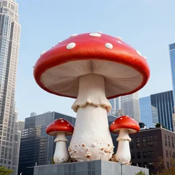 a building of the shape of an amanita muscaria in the New York skyline, photorealistic