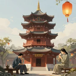 digital painting of a pagoda, tea drinking and paper lanterns, 4K