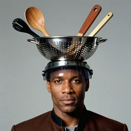 geordi laforge wearing visor and a colander and random kitchen tools on his head