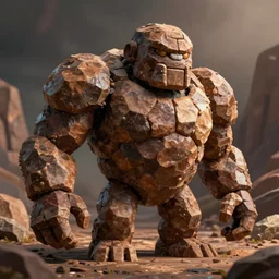 a chunky brown rock golem made of hexagonal rocks with broad shoulders and a short thick neck, unreal engine, path tracing
