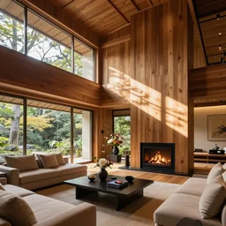 modern Japanese living room, high ceiling, luxurious wooden cottage, traditional, Japanese flower arrangements, high-tech devices, traditional  fireplace, real estate photography