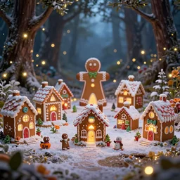 gingerbread candy village, nih, colorful, fantasy, fairytale, forest, fireflies, flowers, halloween, christmas, snow, hansel and gretel, bokeh, medium shot, depth of field 1 0 0 mm, cinematic scene, studio quality, unreal engine, octane render, trending on artstation, artgerm, cgsociety