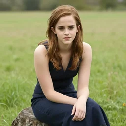 upper body portrait of emma watson sitting on a tree stump in a field,