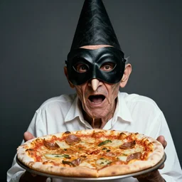 portrait photo of an old wrinkled man, skinny face, bony face, long crooked nose, large gaping mouth, black pulcinella mask, masquerade mask, pointy conical hat, white wrinkled shirt, holding up a pizza, presenting a large pizza, close - up, skin blemishes, menacing, intimidating, masterpiece by peter lindbergh