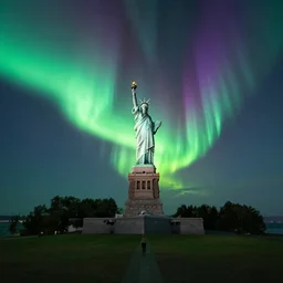 very relaxing wide shot of aurora night at magical liberty statue landscape, realistic render, vivid colors