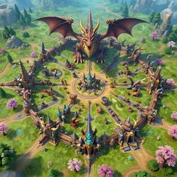 3D World of Warcraft dragon city aerial view, 4k, spring