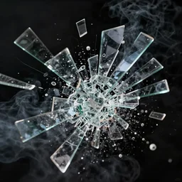 glass shattering in mid air, pieces of glass flying thru the air, slow motion, 4k, extremely detailed, dark background, reflection on glass, smoke