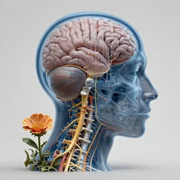 x - ray of human head, brain, spine, nervous system, circuitry, flowers, sculpture, physical based render, hyper - maximal, surrealism, nychos, android jones, ljubomir popovic, guiseppe acrimboldo
