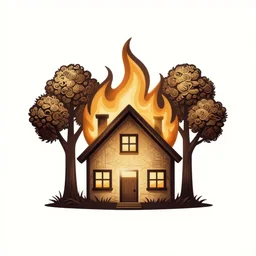 stylized logo of a burning house in front of a two trees, intricate detail