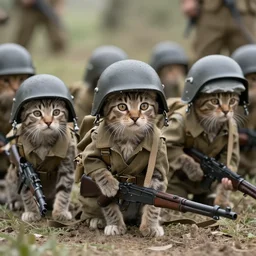 a platoon of WWII war kittens with helmets and guns