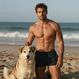 Photo of a very muscular man whose only friend is his dog. on the beach