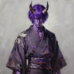 ultradetailed beautiful painting of a stylish shuten douji from fate wearing a kimono, oni horns, dramatic, short purple hair, purple skin, distressed, volumetric light, full body portrait by greg rutkowski, ilya kuvshinov, james jean, makoto shinkai, on artstation