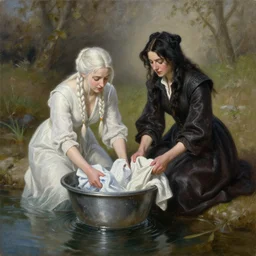painting of Ciri and yennefer from washing clothes in the river. by Daniel F. Gerhartz, hyperrealistic oil painting, 4k, studio lightning, baroque