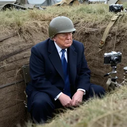 donald trump sitting in a world war 1 trench, he is wearing a helmet and a buisness suit, taken on a ww 1 camera.