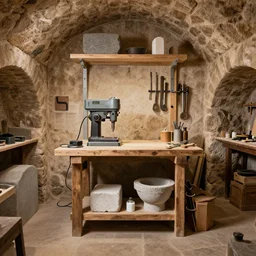 a modern diy workshop set in a medieval cellar, tall and narrow. Drill press, workbench, tools, stone and lime mortar, vault. 11mm sigma