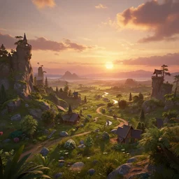 realistic, fairytale land, sunset, detailed, trending on artstation