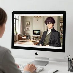 apple imac computer monitor, woman using computer, interior design, greg rutkowski, john singer sargent, anime, trending on artstation, intricate
