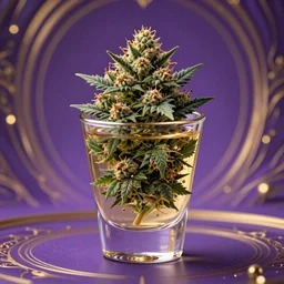 full cannabis shot oversized detailed purple and gold fantasy background, elegant masterpiece matte painting, highly detailed realistic intricate, high fantasy, angelic buds, style of tom bagshaw, cedric peyravernay, peter mohrbacher, louis comfort tiffany, victo ngai
