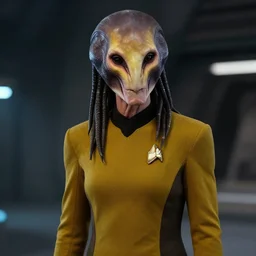 Portrait photo of an Asari from Mass Effect as a Starfleet officer by Paul Lehr