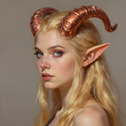 A side view detailed oil portrait of a pretty elf woman with small curly copper horns on her forehead, long blonde hair and bright irises, by greg rutkowski, trending on artstation, dungeon and dragons art