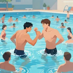 a fine illustration of an ultra romantic brawl in a crowded floodlit swimming pool at dusk in the style of herge