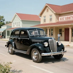 in the style of norman rockwell, thomas kinkade, 1 9 4 8 desoto car, black, driving through a 1 9 5 0 s town