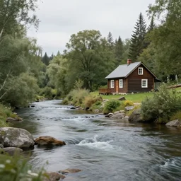 a river running past a cozy cabin,