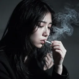 photography portrait of depressed and sad woman taking drugs at night in the style of daido moriyama, smoke, 8 0 mm lens, grainy wb image, close up view