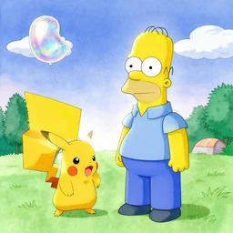 homer simpson with pokemon at mount splashmore, nintendo, botanic watercolors, iridescent, 8 k wide angle, realistic shaded, fine details, artstation, italian, oak tree, hydrangea, fun, party atmosphere