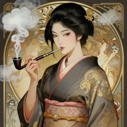 hyperdetailed portrait of a woman in a kimono with clouds of smoke coming out of her opium pipe, digital painting, artstation hq, sharp foccus ilustration, artstation hq. intricate, elegant. wlop, artgerm, greg rutkowski, alphonse mucha, medium shot. dan mumford, tomokazu matsuyama, takato 4 yamamoto