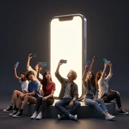 a crowd of young people sitting and holding clearly visible their cell phones in the air, on a podest there is a big cellphone illuminated in light, they look up on the big cellphone, fantasy style, 4 k, philosophical art, octan render