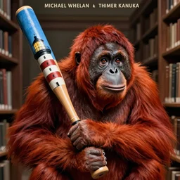rendering of red orangutan holding baseball bat, bat painted as lighthouse, bat form of lighthouse, library interior background, movie poster artwork by michael whelan and tomer hanuka, high contrast, full of details, by makoto shinkai and thomas kinkade, matte painting, trending on artstation and unreal engine