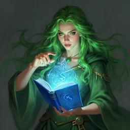 character concept portrait of nathalie emmanuel as green-haired wizard enchanting a rune of power, a floating blue spell book in the center, intricate, elegant, digital painting, concept art, smooth, sharp focus, illustration, from Metal Gear, by Ruan Jia and Mandy Jurgens and William-Adolphe Bouguereau, Artgerm