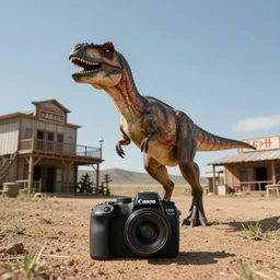 a velociraptor in a wild west town, canon eos r 3, f / 1. 4, iso 2 0 0, 1 / 1 6 0 s, 8 k, raw, unedited, symmetrical balance, in - frame