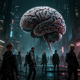 low wide tilted angle perspective photo of a cerebral hack, cyberpunk, 3 d render, by wayne barlowe, by beeple, by artgerm, beksinski, rutkowski, peter gric, photorealistic, cinematic dramatic lighting, crowded midnight city, ominous electric atmosphere, album cover art, blade runner 2 0 4 9, masterpiece