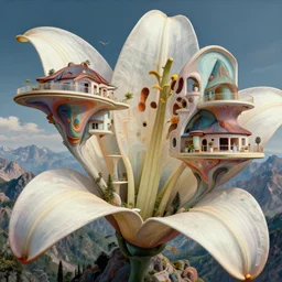hyperrealistic abstract close-up Renaissance psychedelic!! Frank Wright's architecture turns into biotech Zarhi Khalid's architecture!!! in the form of a mobius strip on a mountain landscape!!! parts of the house hang as consoles in the form of lily petals, octane render, hd