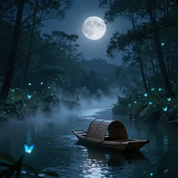 a neoclassical forest river, landscape art, a small bamboo boat in the river, moonlit night dreamy atmosphere, bioluminiscent butterflies in the fog in a bokeh background, deep colors, artstation, 8K