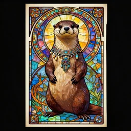 The God of Otters. Synthwave. retropunk, stained glass, aztec, 8k resolution, extremely detailed, digital illustration. Poster by alphonse mucha.