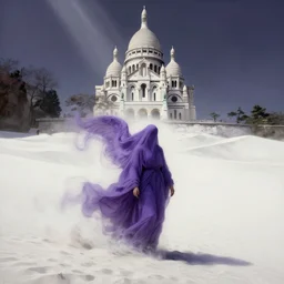 one lone singular swirling otherworldly angelic figure shrouded in violet robes emerges from extensive barren white dunescape, matte painting by peter mohrbacher and filip hodas, background basilica! sacre coeur, godrays, high contrast, highly detailed, a